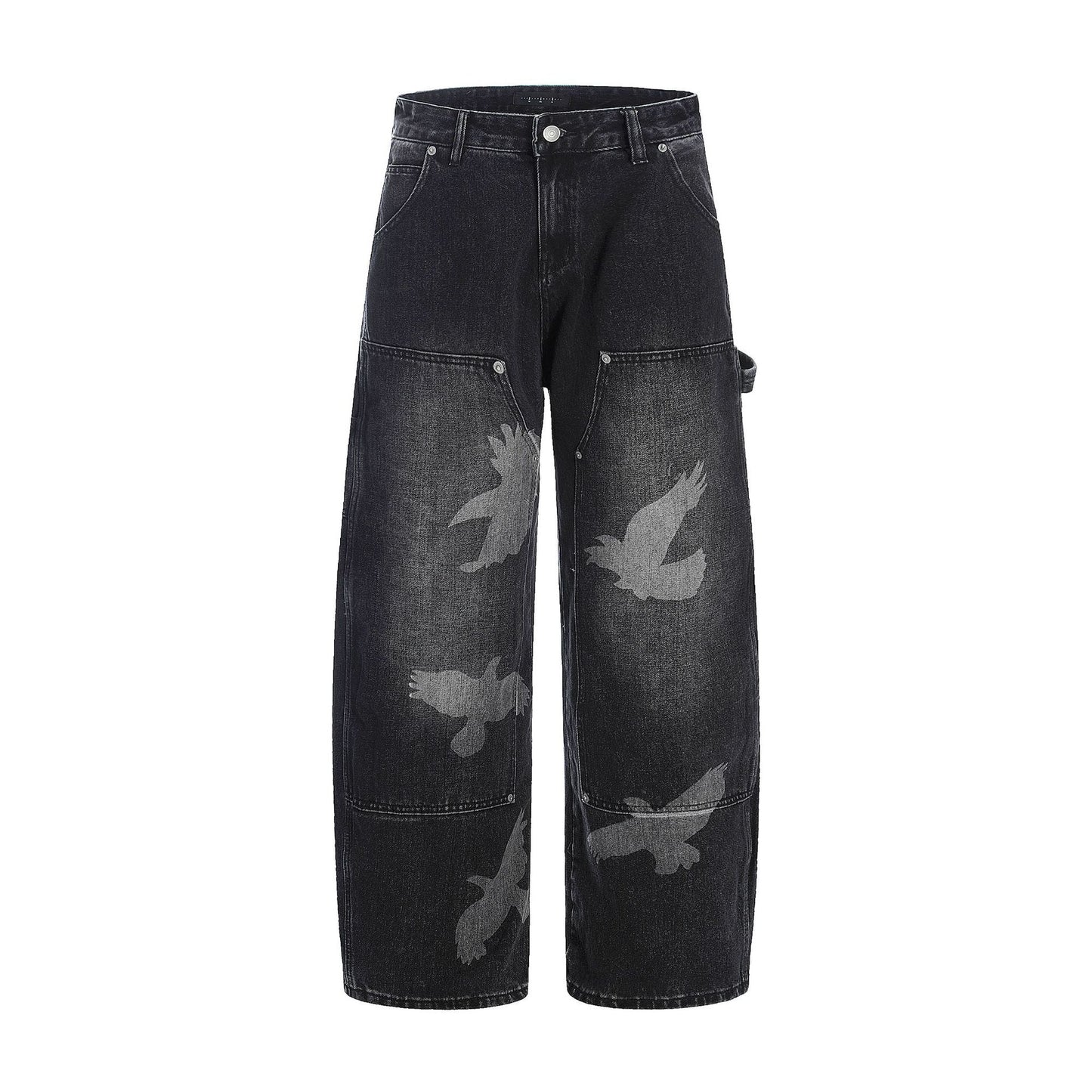 Jeans with Pigeon Pattern for Men and Women, Loose Fit Wide Leg Trousers