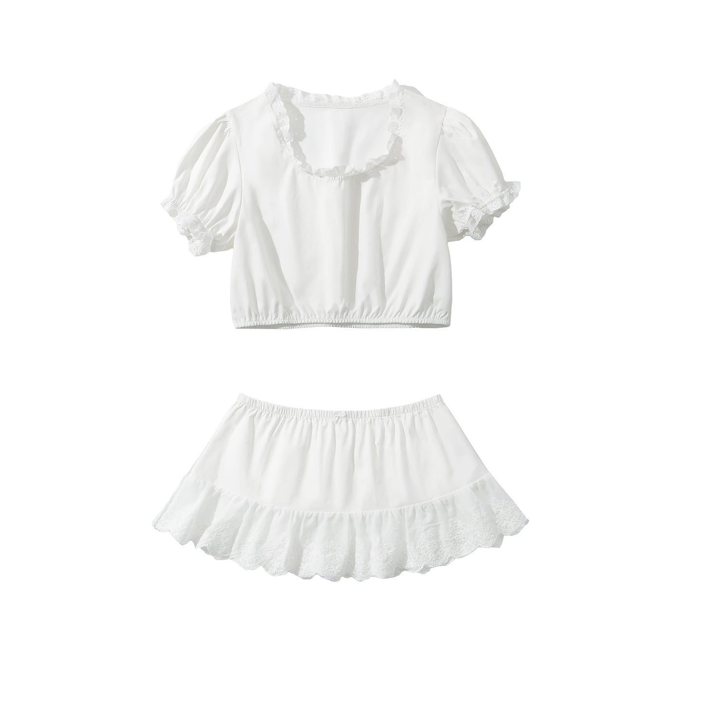 Women's Round Neck Lace Ruffle Sleeves Top + Skirt Set