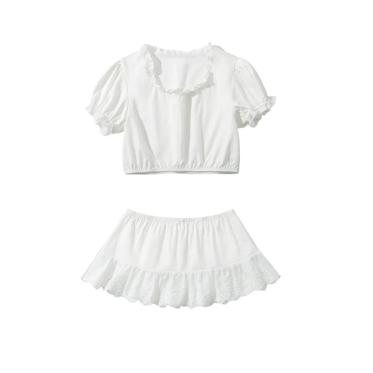 Women's Round Neck Lace Ruffle Sleeves Top + Skirt Set