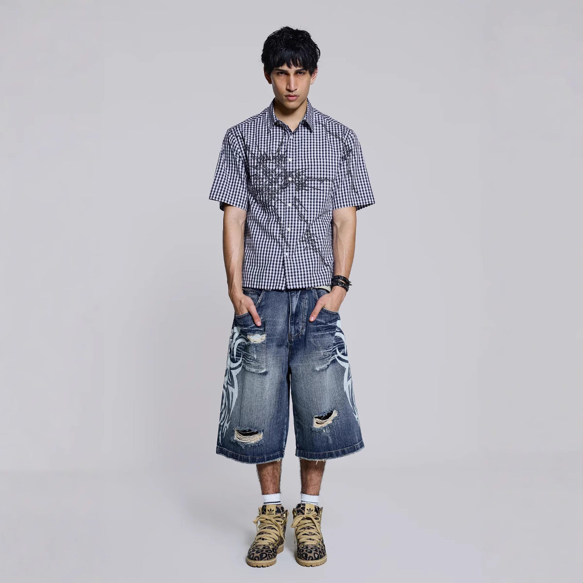 High Street Denim Shorts Jaded Same Style Totem Print Ripped Wide Leg Pants Loose Three-Quarter Pants Trendy
