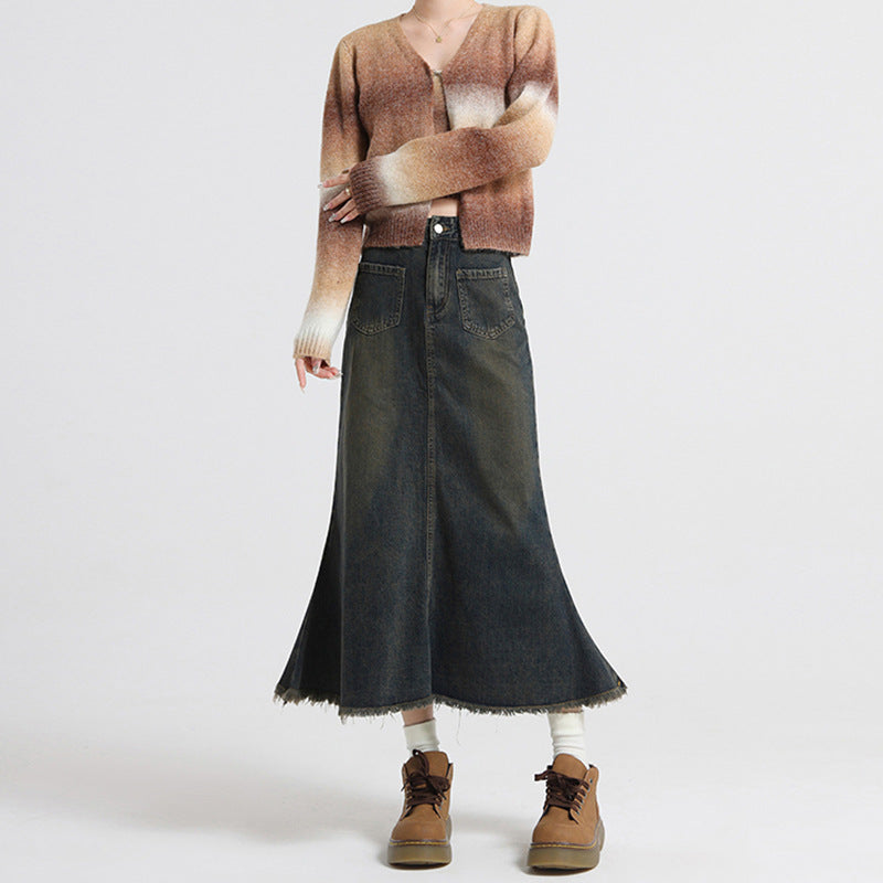 Lazy Style Versatile INS Denim Skirt Women High Waist Slimming Mid-Length A-Line Pencil Skirt