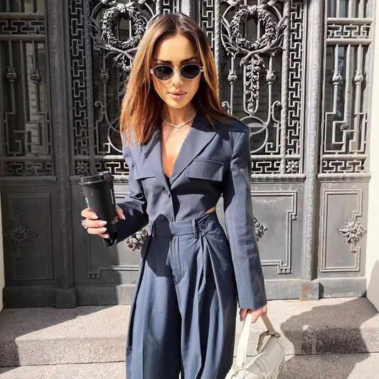 Hollow Out Blazer Top + Suit Pants for Women