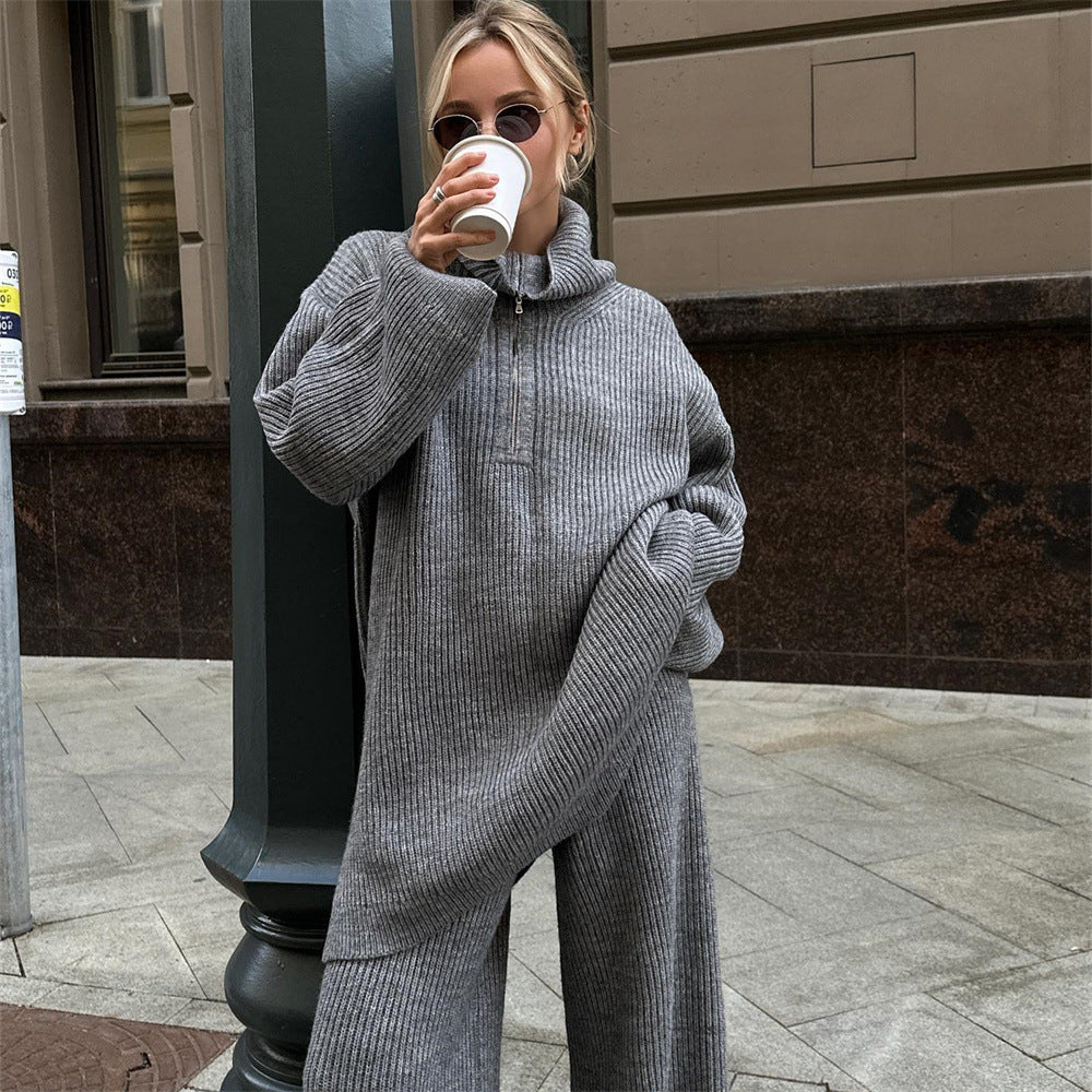 Women's Autumn and Winter Half-Zip Sweater Knit Straight Leg Long Pants Two-Piece Set