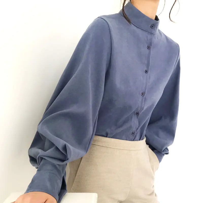 Retro Lantern Sleeve Casual Shirt with Stand Collar