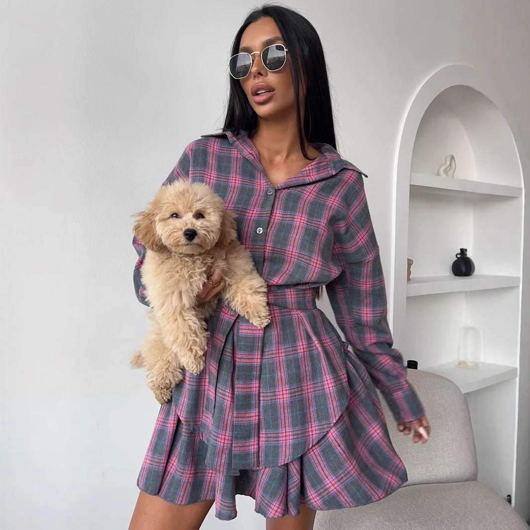 Casual Plaid Dress Set for Women - Notched Collar Loose Blouse with Belted Waist Skirt Two-Piece Set