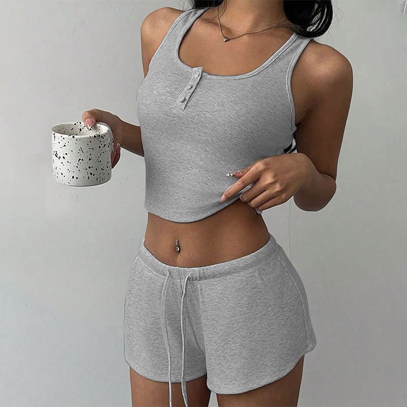 Sleeveless Strap Sexy Camisole with Tie Comfortable Shorts 2-Piece Set