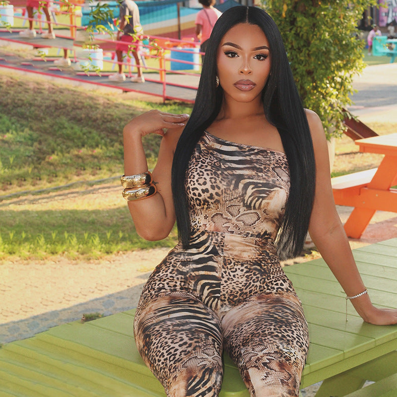 Animal print single shoulder sleeveless tight fitting seven part pants jumpsuit for women