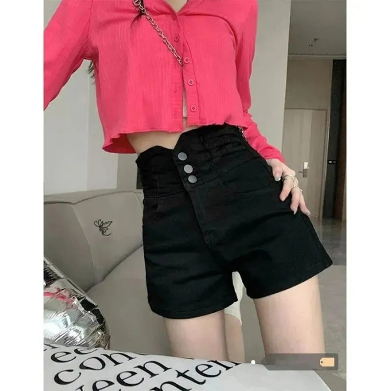Casual A-line Denim Shorts for Women High Waist Slimming Straight Leg Jeans