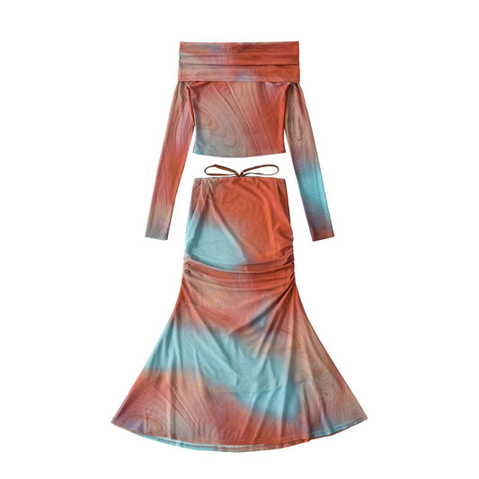 Women's Clothing Mesh Printed One-Shoulder Long Sleeve Top + Skirt
