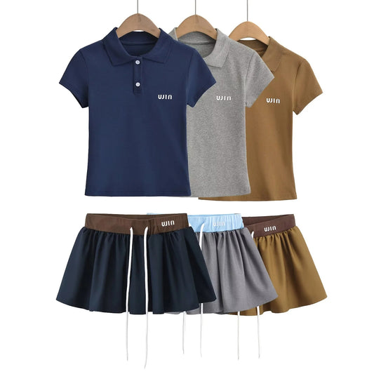 POLO collar contrasting letter print short sleeved T-shirt elastic waist drawstring skirt two-piece set
