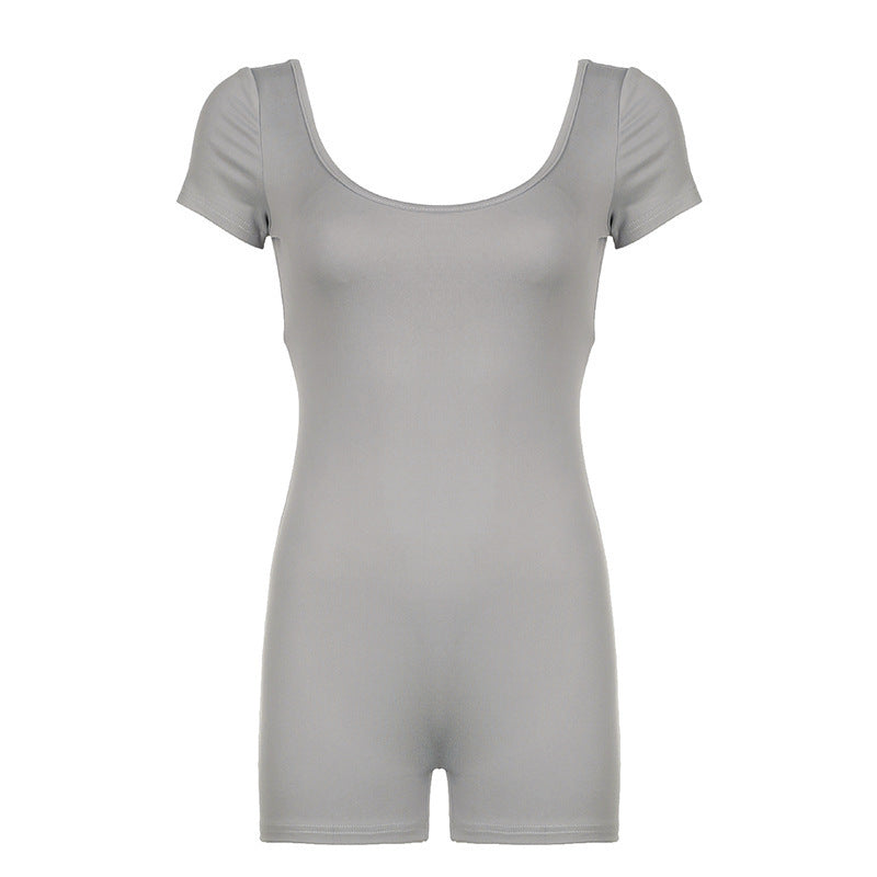 Style Sexy Backless Fitted Short Sleeve U-Neck Jumpsuit Solid Color Tight Jumpsuit Y2K