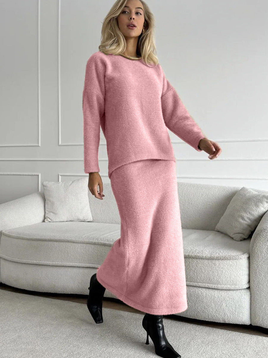 Elegant Soft Thickened Round Neck Sweater  Fish Tail Skirt Two-Piece Set for Women OL Style Top Skirt Suit