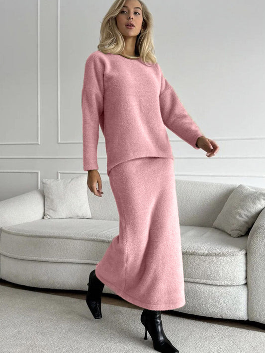 Elegant Soft Thickened Round Neck Sweater  Fish Tail Skirt Two-Piece Set for Women OL Style Top Skirt Suit