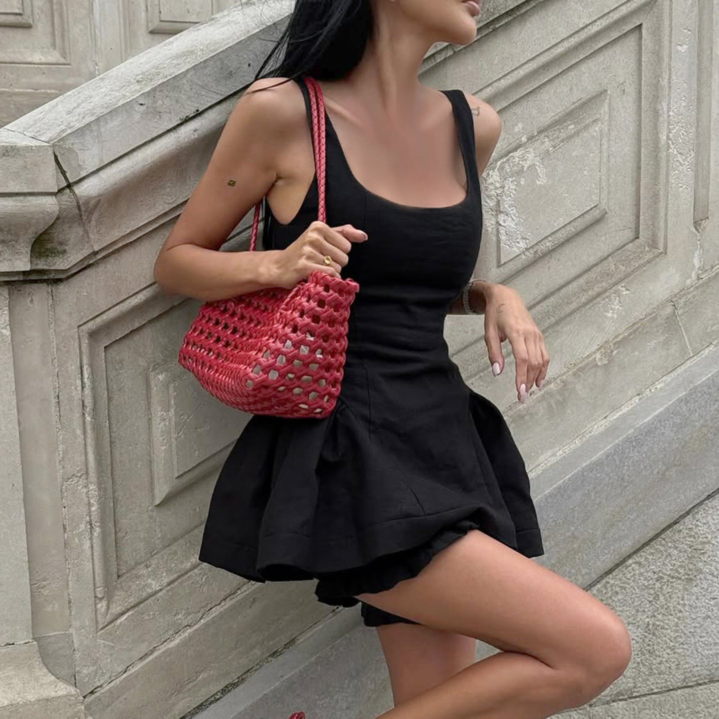 Style Square Neck Strapless Dress with Waist Pleats A-Line Short Skirt Set Including Bubble Pants