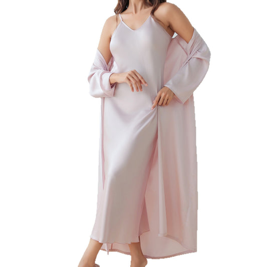 Women's Loose Strap Dress Robe Home Wear Long Sleep Robe Set