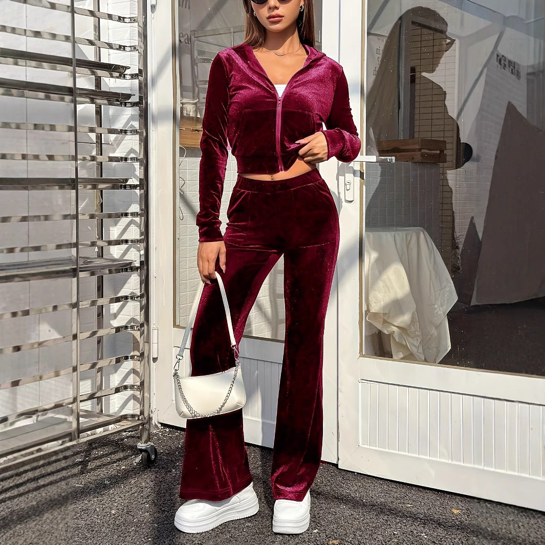 Zipper Velvet Autumn Sports Set Casual Hooded Top and Flare Pants Set