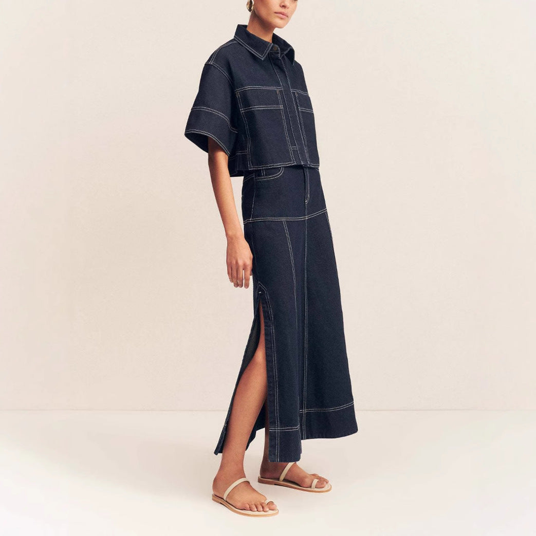 Pocket short sleeved shirt split half skirt denim two-piece set