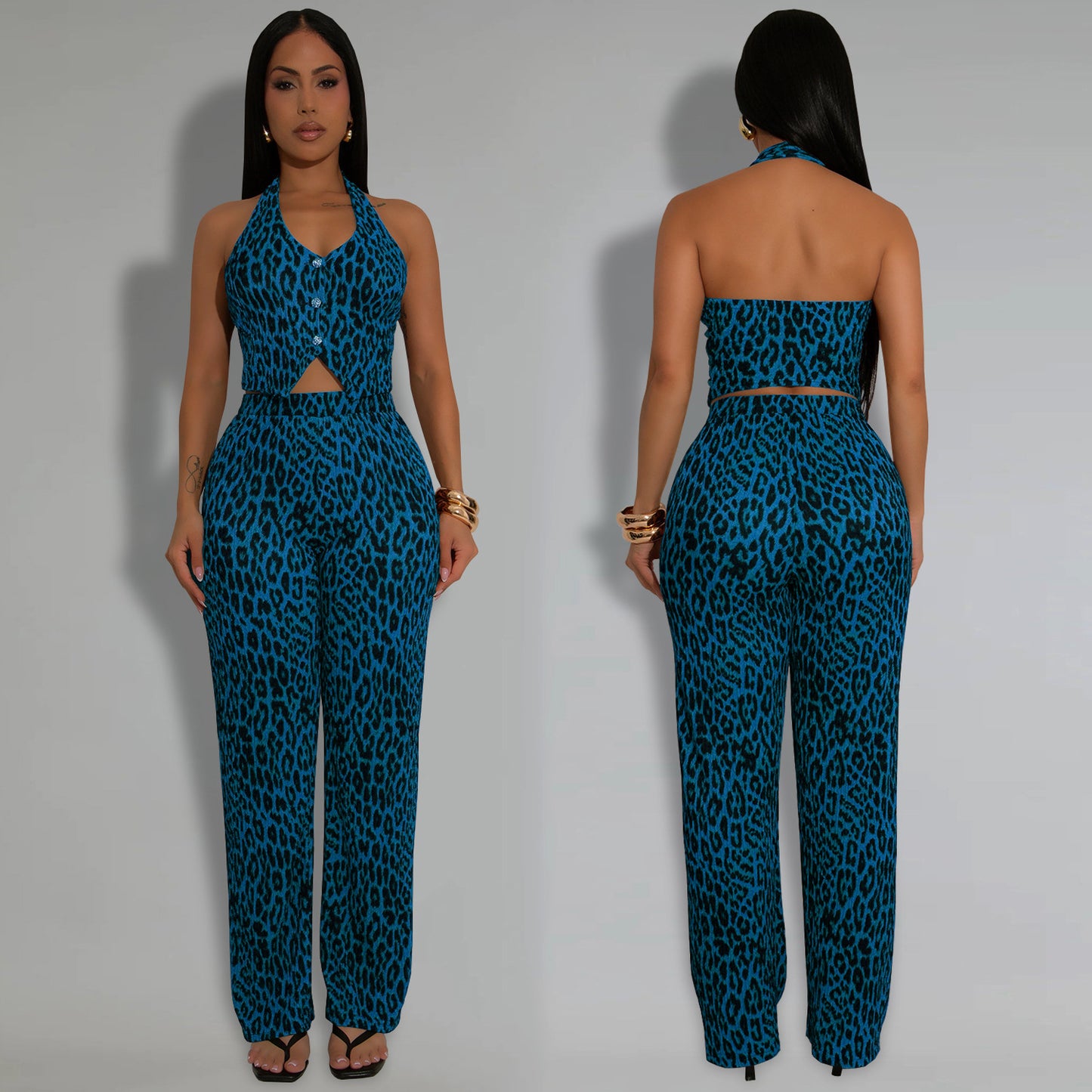 Women's Off-the-Shoulder Sexy Leopard Print Top and Long Pants Two-Piece Set