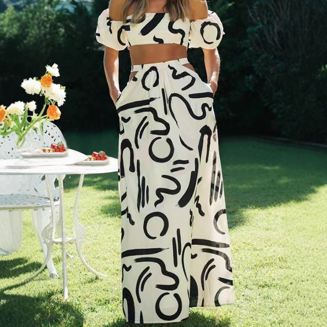 Bubble Sleeve Top Hollow Flare Long Skirt Separated Dress Set