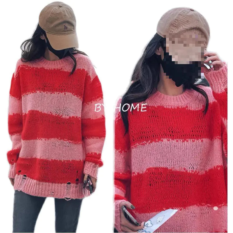 Women's Mohair Striped Ripped Thin Crew Neck Sweater