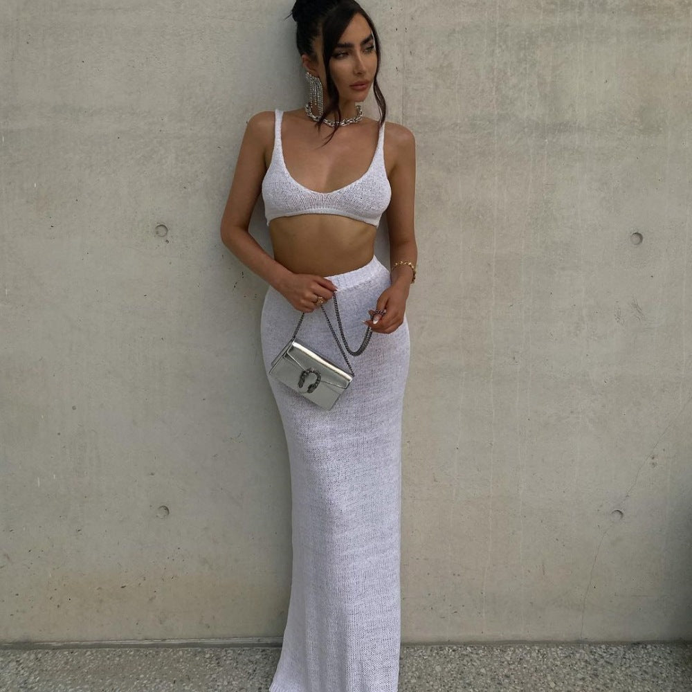 Women's Strapless Wrap Solid Color Fitted Long Skirt Two-Piece Set