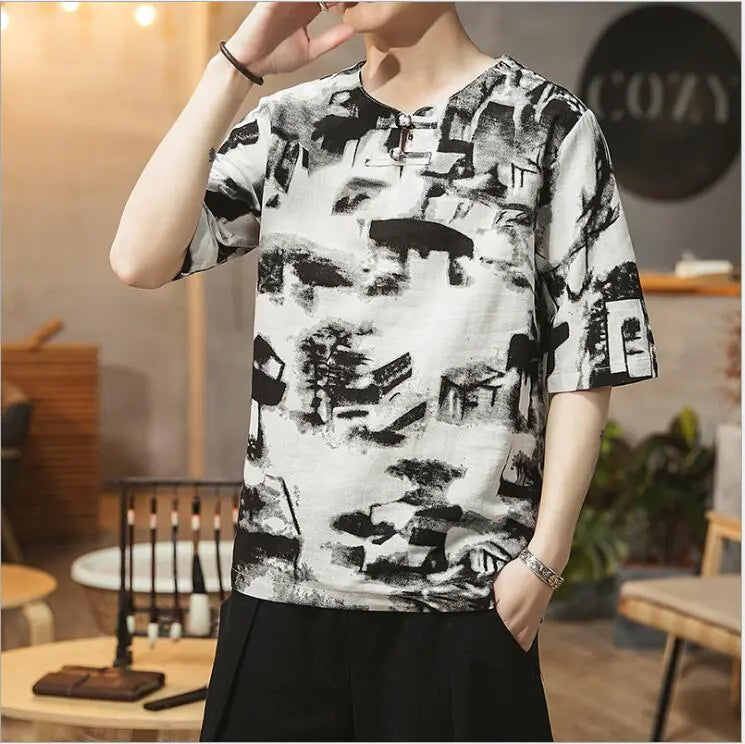 Plus Size Chinese Style Printed Short Sleeve T-Shirt