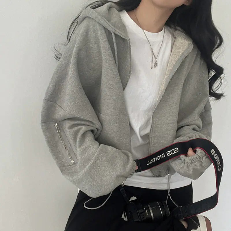 Loose Casual Hoodie Coat with Large Pockets and Zipper