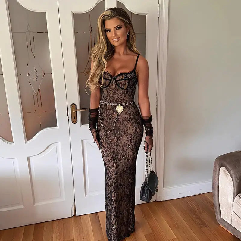 Lace Splicing Sling Long Dress