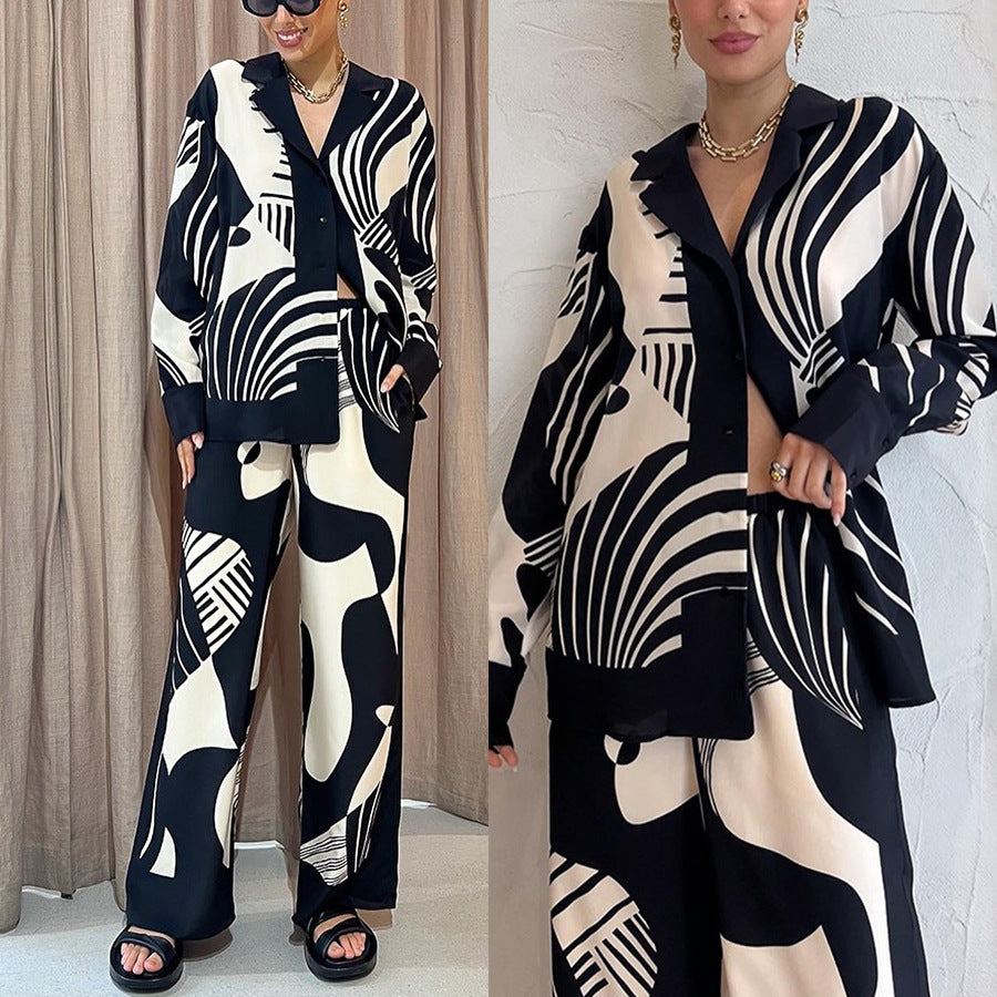 Autumn Winter New Turn-down Collar Casual Printed Long Sleeve Suit INS Loose Pocket Two-piece Set for Women
