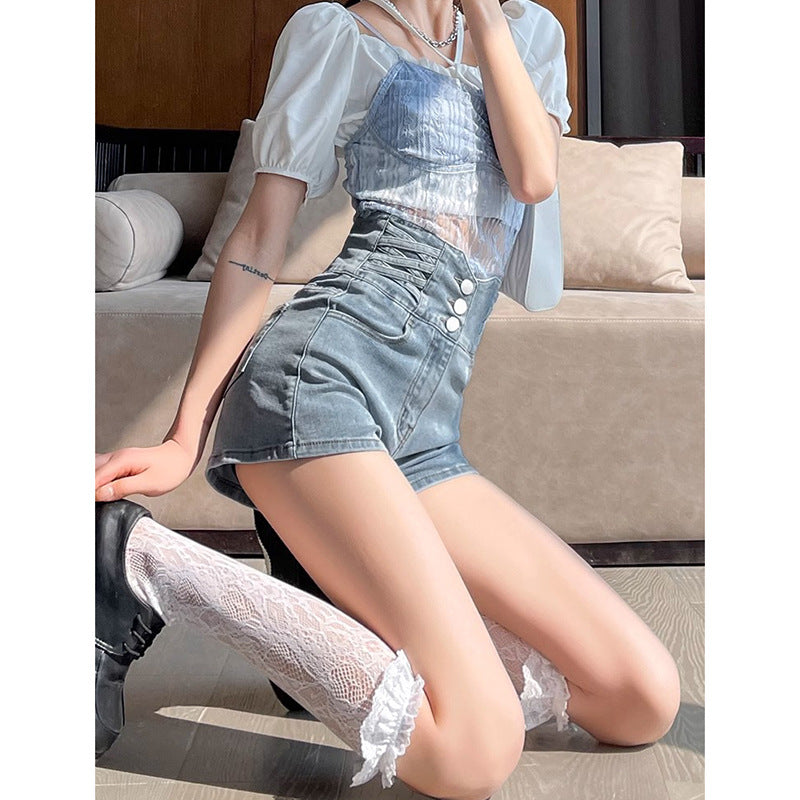 Casual Buttoned Denim A-Line Shorts for Women High-Waisted Slimming Straight-Leg Jeans