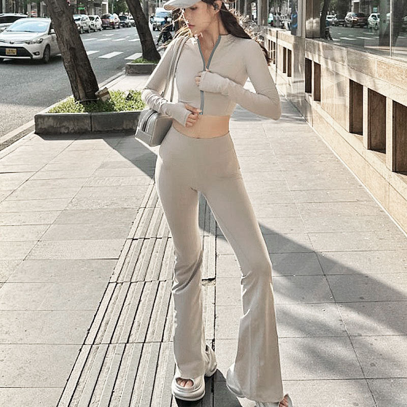 Zipper small stand up collar crop top slim fit pants set for women