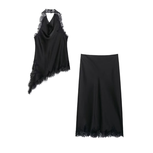 Women's Clothing INS Halter Lace Top + Satin Texture Skirt