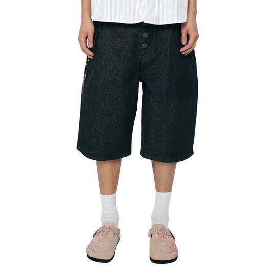 Retro Derschutze Embroidered Washed Denim Shorts High Street Three-Quarter Pants