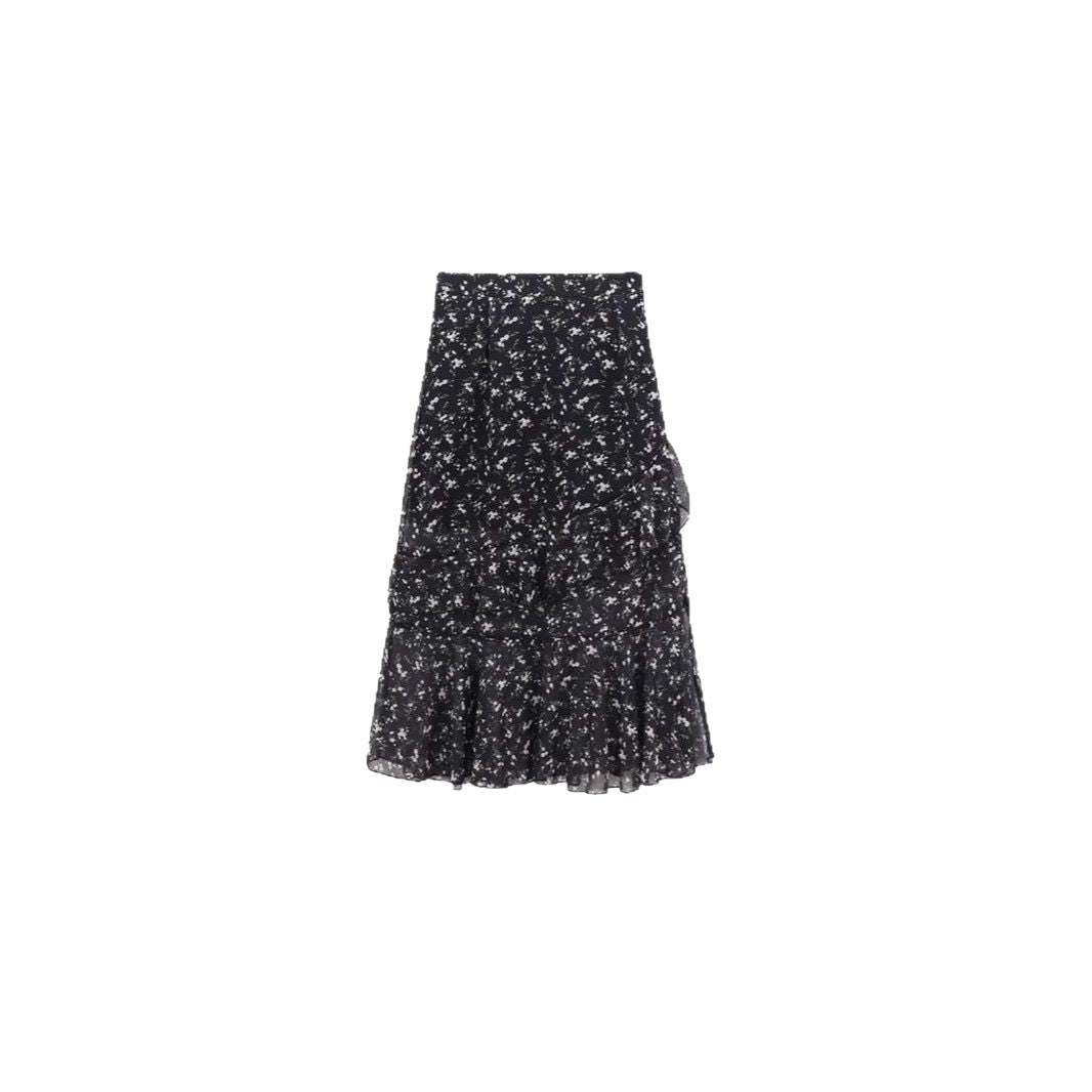 Chiffon Floral Leaf Hem Slit High Waist A-line Skirt Women Spring Summer New Loose Slim Fit Midi Dress