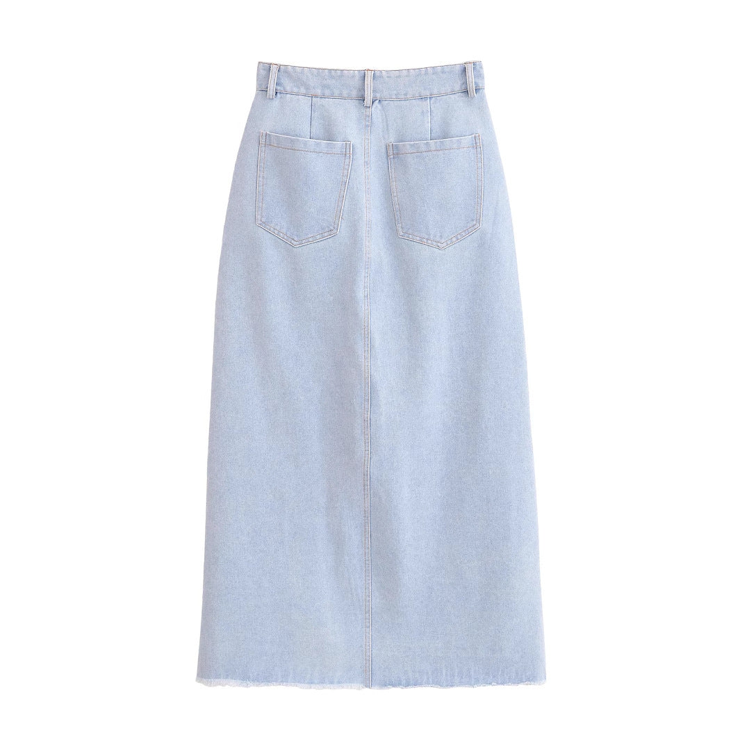 Women's Denim Vest + Front Slit Design Denim Skirt Set