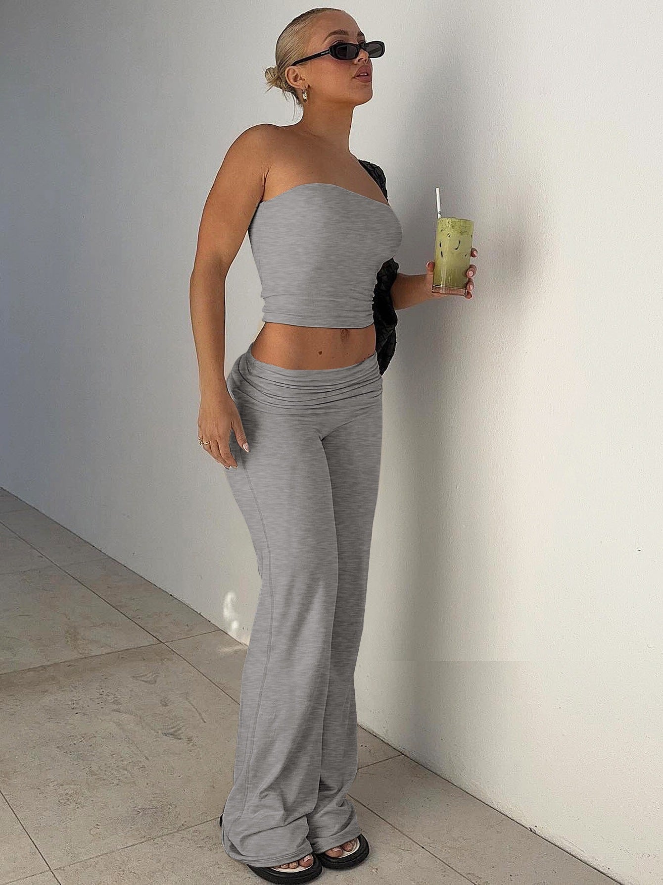 Solid Color Trumpet Neck Tube Top and Long Pants Slimming Set for Women Fashion New Arrival Summer Wear