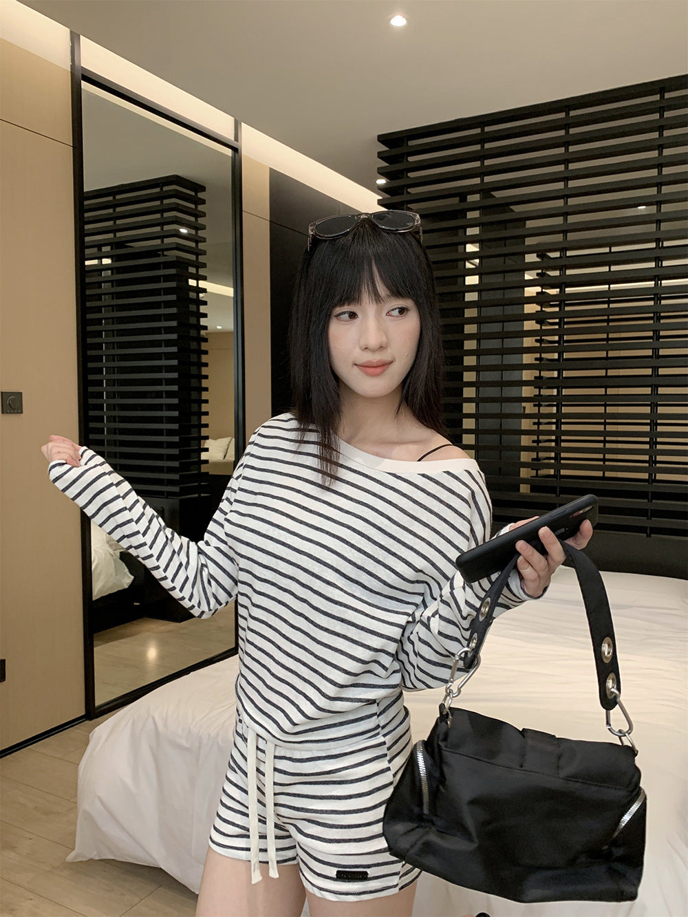 Sweet and Spicy Style Striped Set Loose Off-the-Shoulder T-Shirt + Casual Shorts