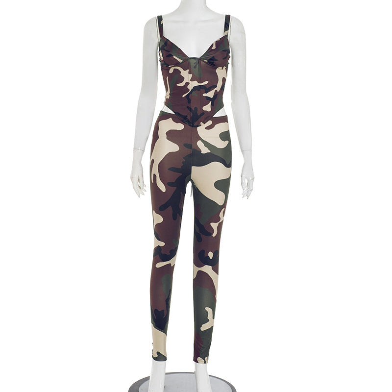 Camouflage printed back strap short camisole vest tight pants two-piece set