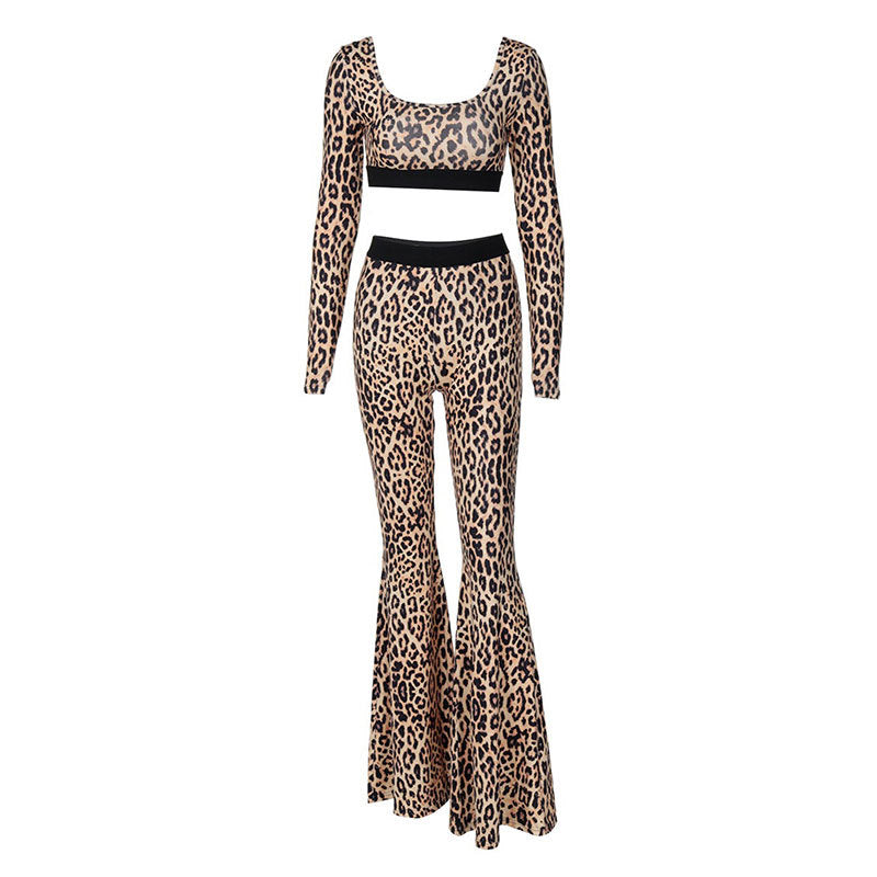 Women's Printed Long Sleeve Flare Trousers Two-Piece Set Fashion Suit