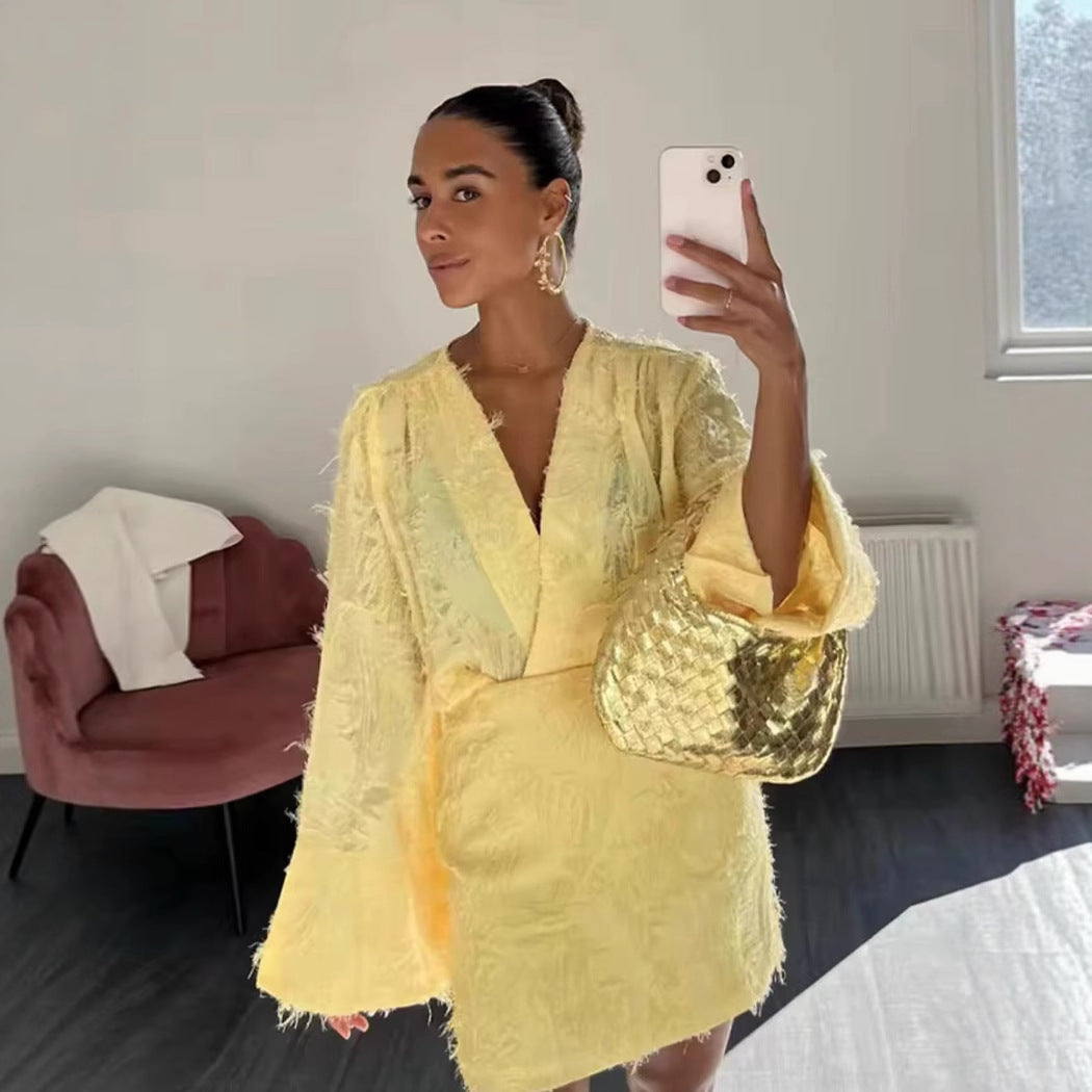 Women's Clothing INS Embossed Long Sleeve V-neck Bodycon Mini Skirt Loose Top Set