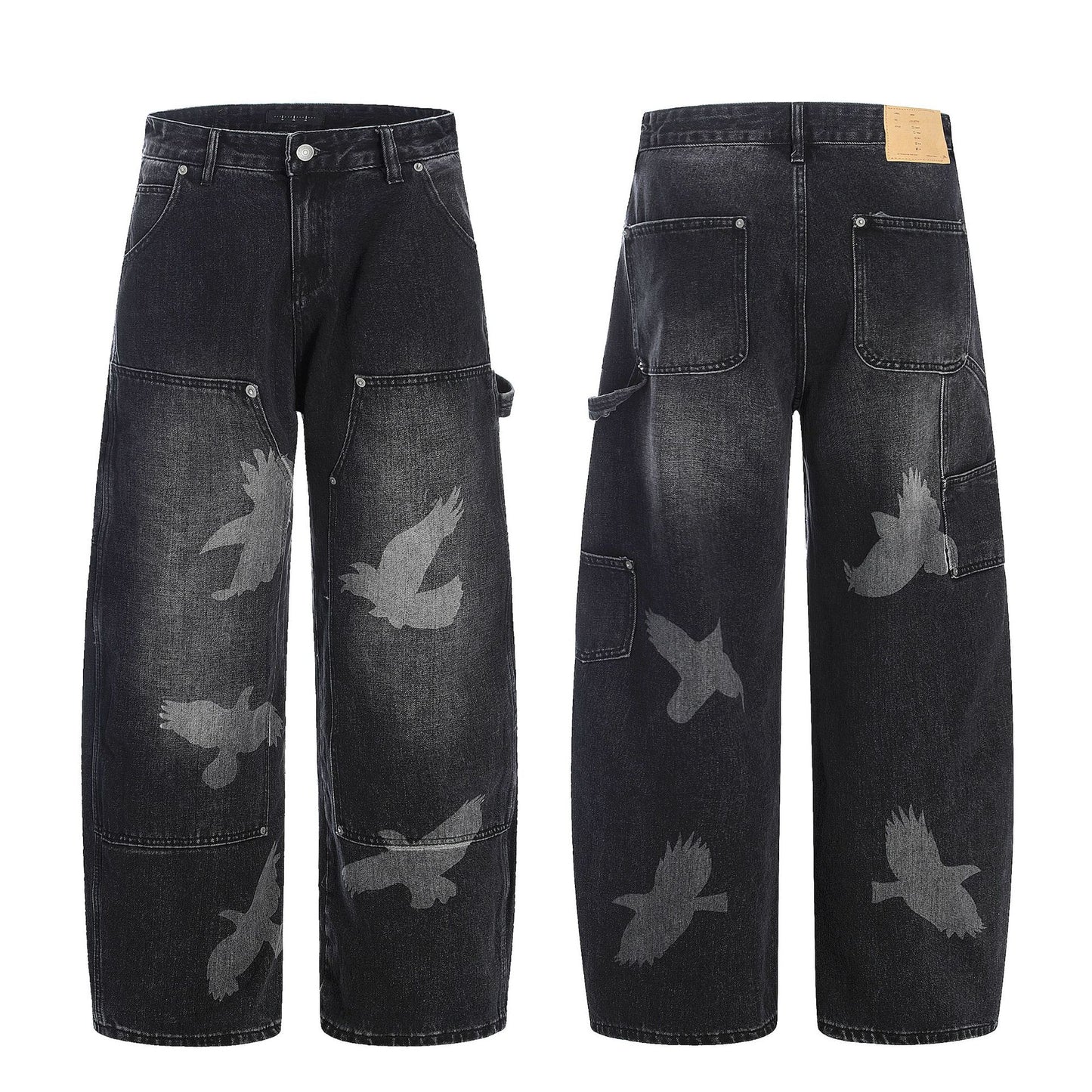 Jeans with Pigeon Pattern for Men and Women, Loose Fit Wide Leg Trousers