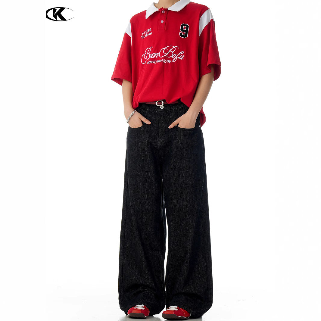 Denim Jeans Faded Unisex Straight A-Line Slim Clean Fit Versatile Long Pants