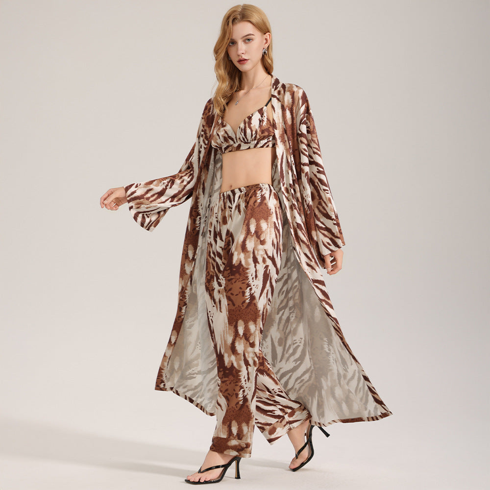 Women's summer long robe and pants three piece set