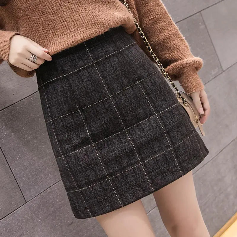 Women's High Waist Slim Plaid Woolen Fashion Skirt
