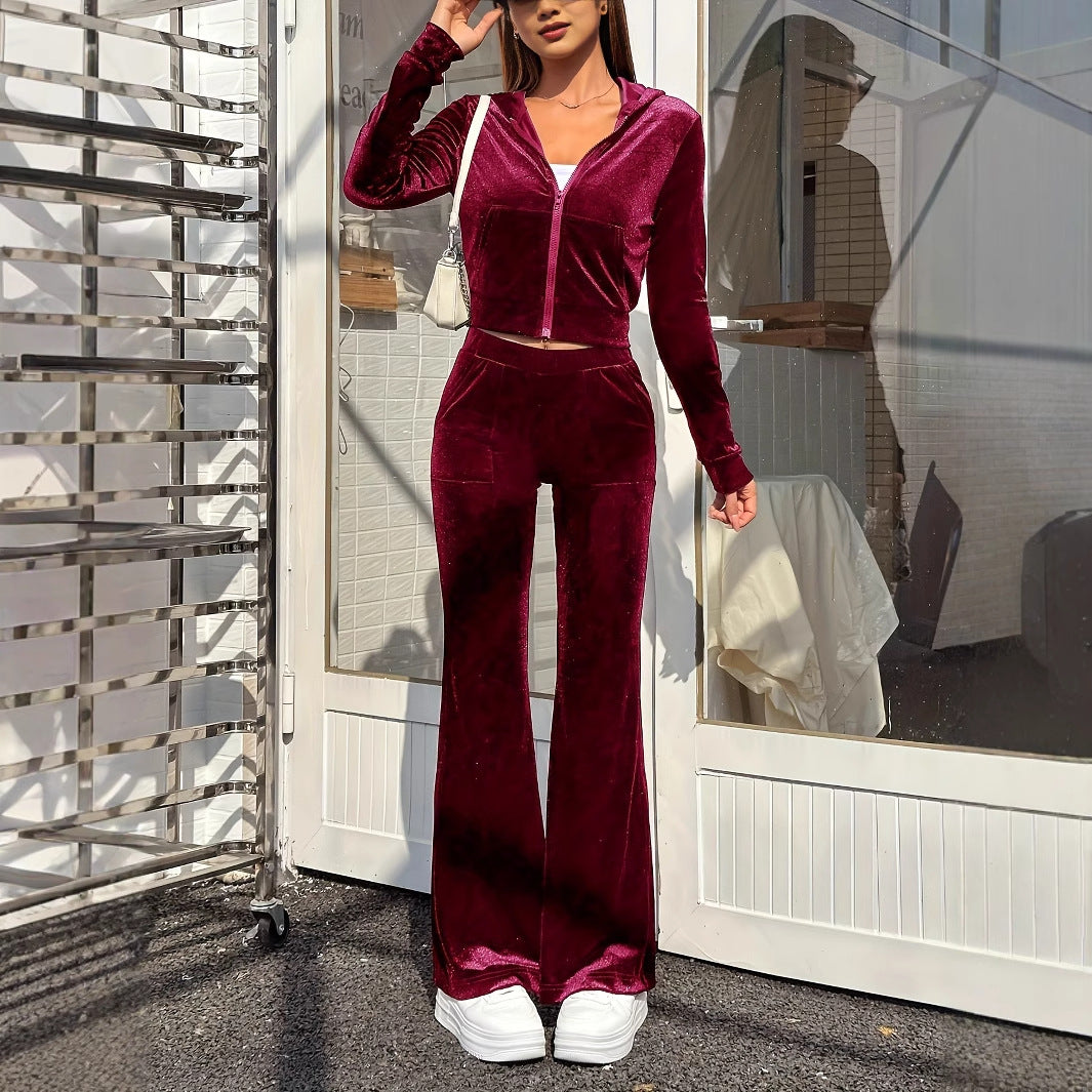 Zipper Velvet Autumn Sports Set Casual Hooded Top and Flare Pants Set
