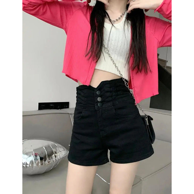 Casual A-line Denim Shorts for Women High Waist Slimming Straight Leg Jeans