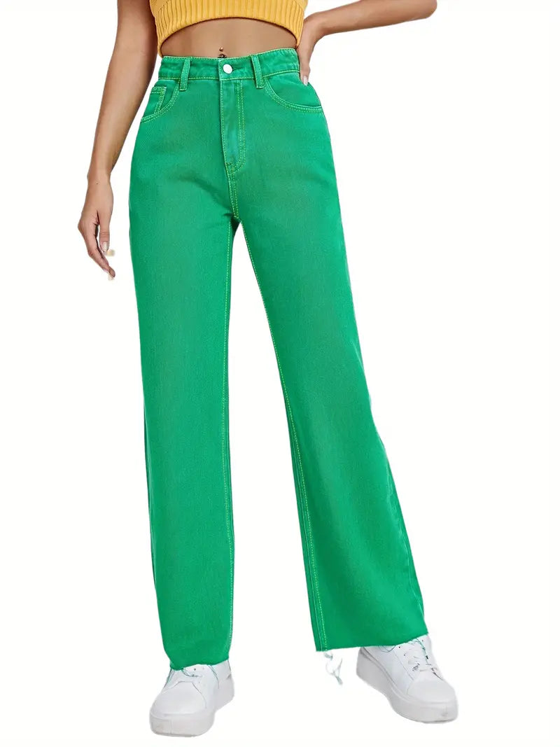 Green High Waist Wide Leg Loose Fit Denim Jeans