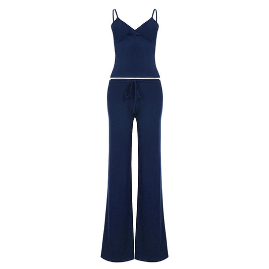 Deep V-Neck Strap Top + Loose Fitting Trousers