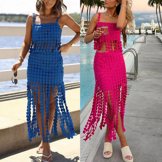 Tassel Strapless Top Set with Loose Skirt for Summer and Spring INS Holiday Style Two-Piece Set