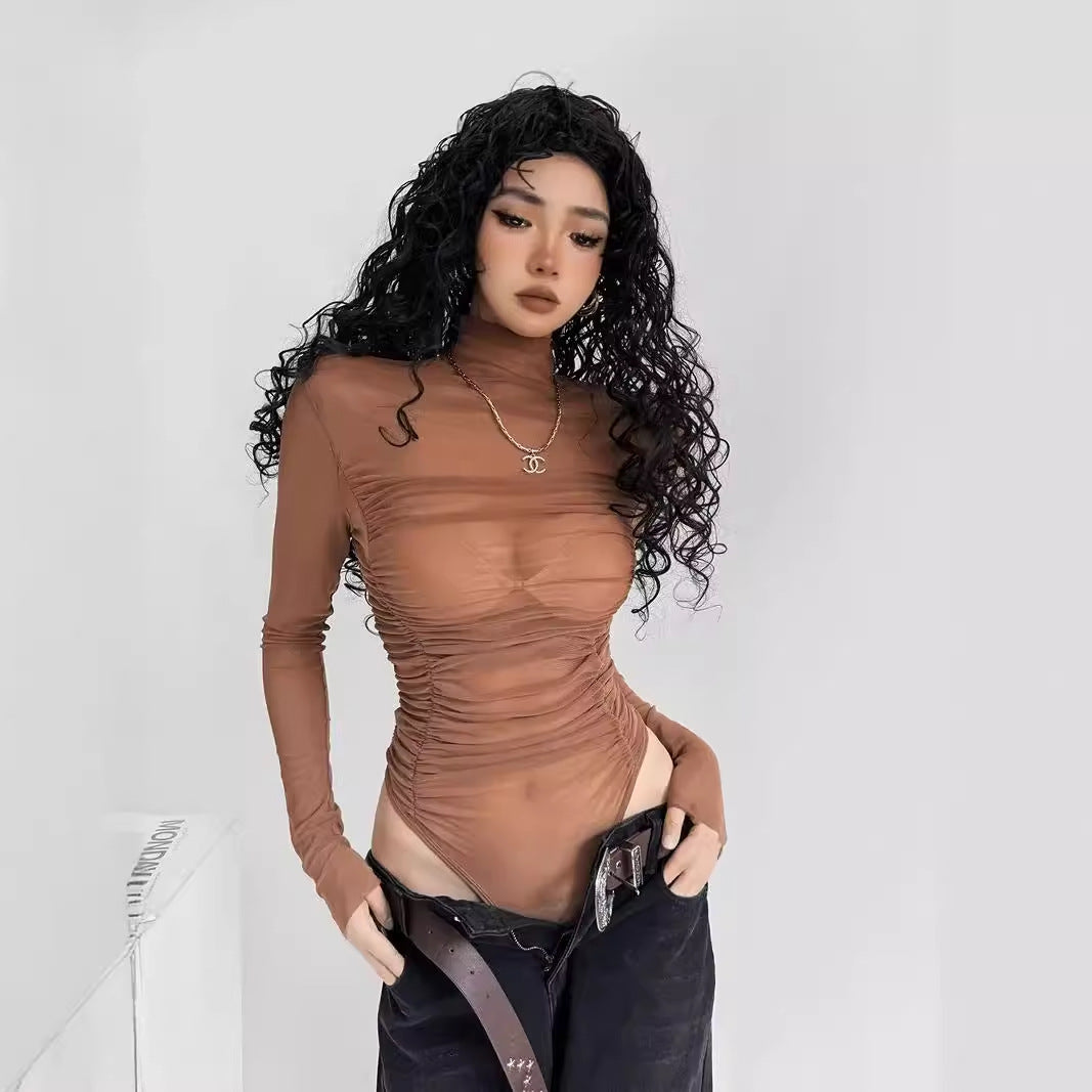Slimming pleated high neck mesh jumpsuit
